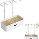 Jewelry Organizer Stand, Necklaces Holder with Wooden Tray and Drawer, Double Jewelry Display Rack Jewelry Storage Hooks for Bracelets, Earrings, Ring, Keys, Watches (White)