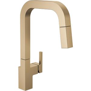 Delta Junction Brushed Gold Kitchen Faucet with Pull Down Sprayer, Modern Brushed Gold Single Hole Kitchen Sink Faucet, Single Handle, Champagne Bronze 19825LF-CZ