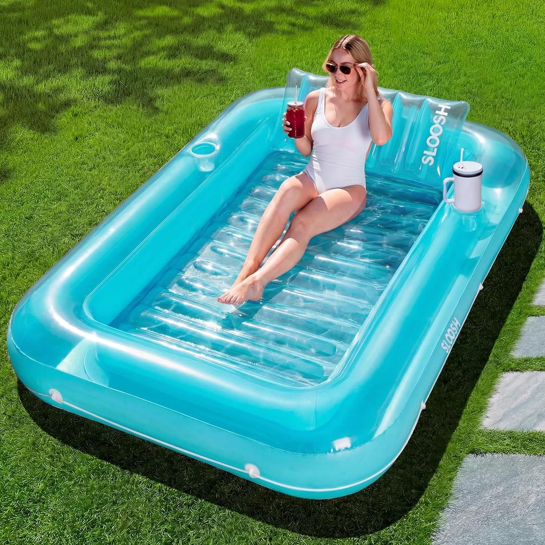 SLOOSH Inflatable Tanning Pool Lounger Float, 85" x 57" Extra Large Pool Floats Adult with Pillow, 4 in 1 Suntan Tub Raft Floatie,Sunbathing Bed Lounge for Water Blow Up Ball Pit Party Gifts, XL-Blue