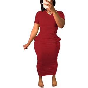 Women's Short Sleeve Dress T Shirt Bodycon Ribbed V Neck Maxi Sundress Basic Party Club Night Out Dress-Red-XL