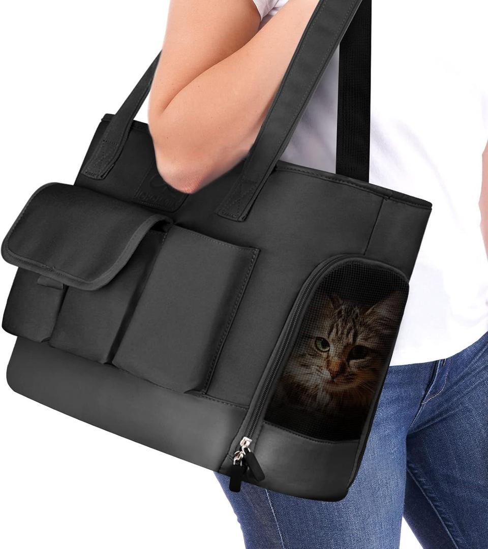 Cat Carrier, Dog Carrier, Pet Carrier, Foldable Waterproof Premium PU Leather Oxford Cloth Dog Purse, Portable Bag Carrier for Small to Medium Cat and Small Dog, Airline Approved Soft-Sided Carrier (Black)