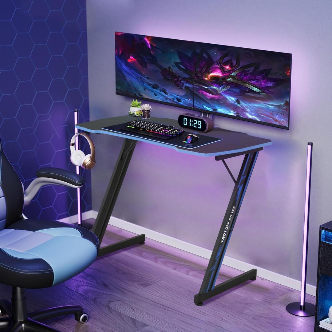 BORGEBY Gaming Desk, 39 Inch Carbon Fiber Surface Study Table Writing Desk Computer Table with Cup Holder & Headphone Hook, Small Desk for Bedroom Home Office, Blue