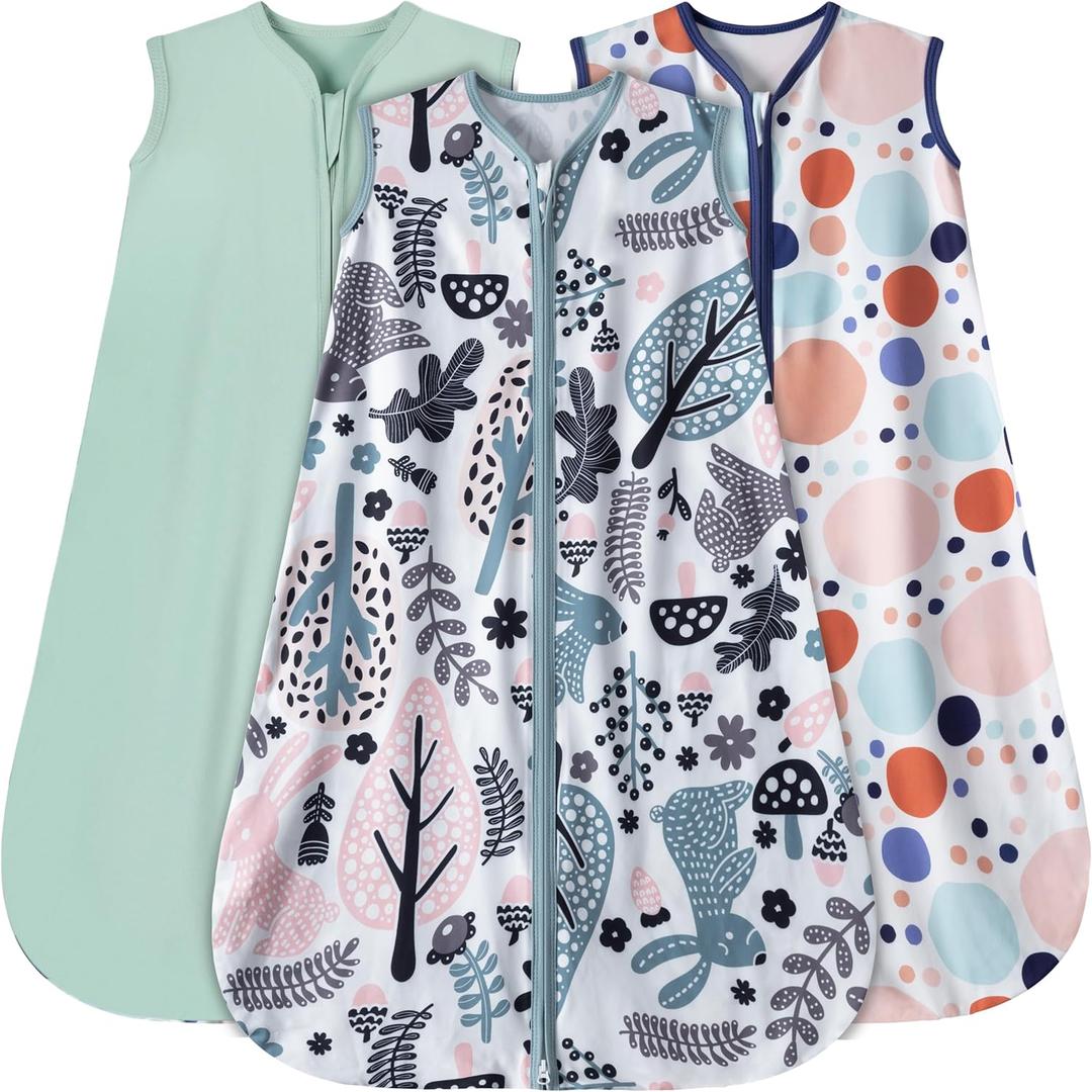 Baby Sleep Sack 12-18 Months 3 Pack Baby Wearable Blanket 100% Rayon Cotton 2-Way Zipper Toddler Sleeping Sack .Comfy Soft Lightweight TOG 0.3 (Rabbit&Rocks&Green,)