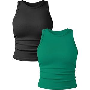 Women's 2 Pieces Basic Seamless Tank Tops Sleeveless Crew Neck Workout Exercise Crop Camis, Medium