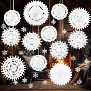 Syhood 40 Pack Large White Snowflake Hanging Decorations Valentines Paper Hanging Fans Decor Wonderland Party Decorations with Small Snowflake Ornaments for Winter Wedding Birthday