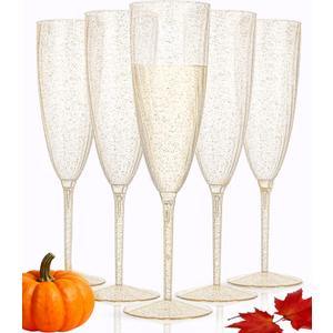 WDF 36-Pack Plastic Champagne Flutes - Gold Glitter Champagne Glasses Disposable - Perfect for Thanksgiving, Weddings, Birthday, Bridal Showers