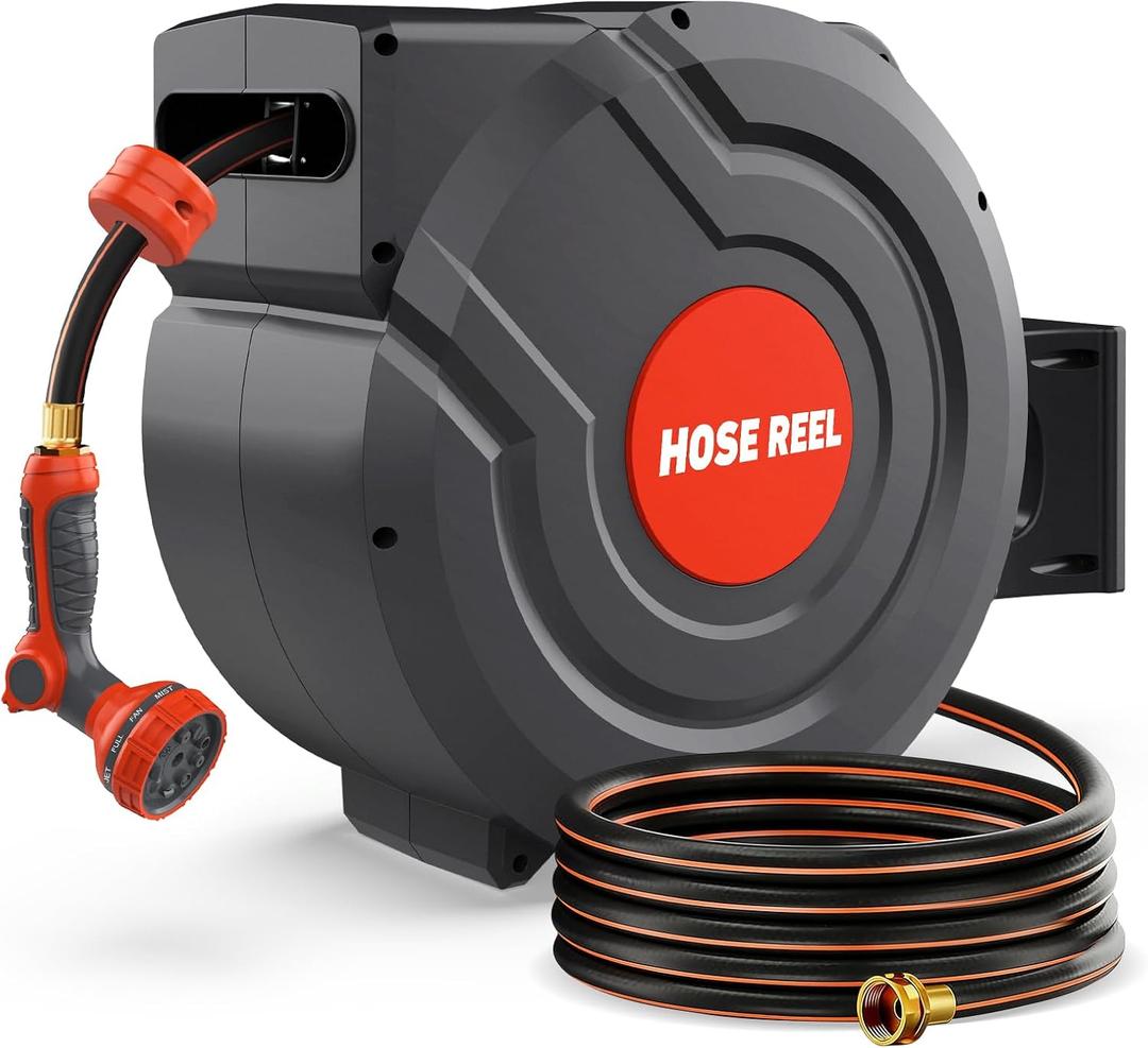 Retractable Garden Hose Reel 130 FT 1/2 Inch 180 Swivel Automatic Slow Return Any Length Lock Hose Reels for Outside 9 Pattern Sprayer Nozzle UV Resistant