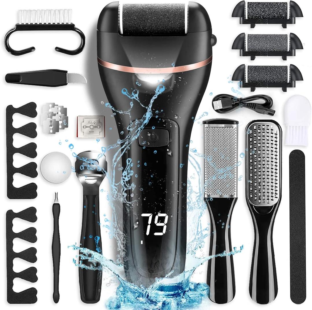 Electric Callus Remover for Feet, Rechargeable Portable Electronic Foot File Pedicure Kit, Waterproof Foot Scrubber File, Professional Pedicure Tools, Foot Care for Dead Skin Ideal Gift, 3 Rollers
