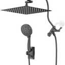 PDPBath Metal Rain Shower Head with Handheld Spray Combo, 12" High Pressure Rainfall Shower Head with 17" Adjustable Extension Arm, 79" Long Hose, 10-Settings Wand, 3-Way Diverter, Matte Black