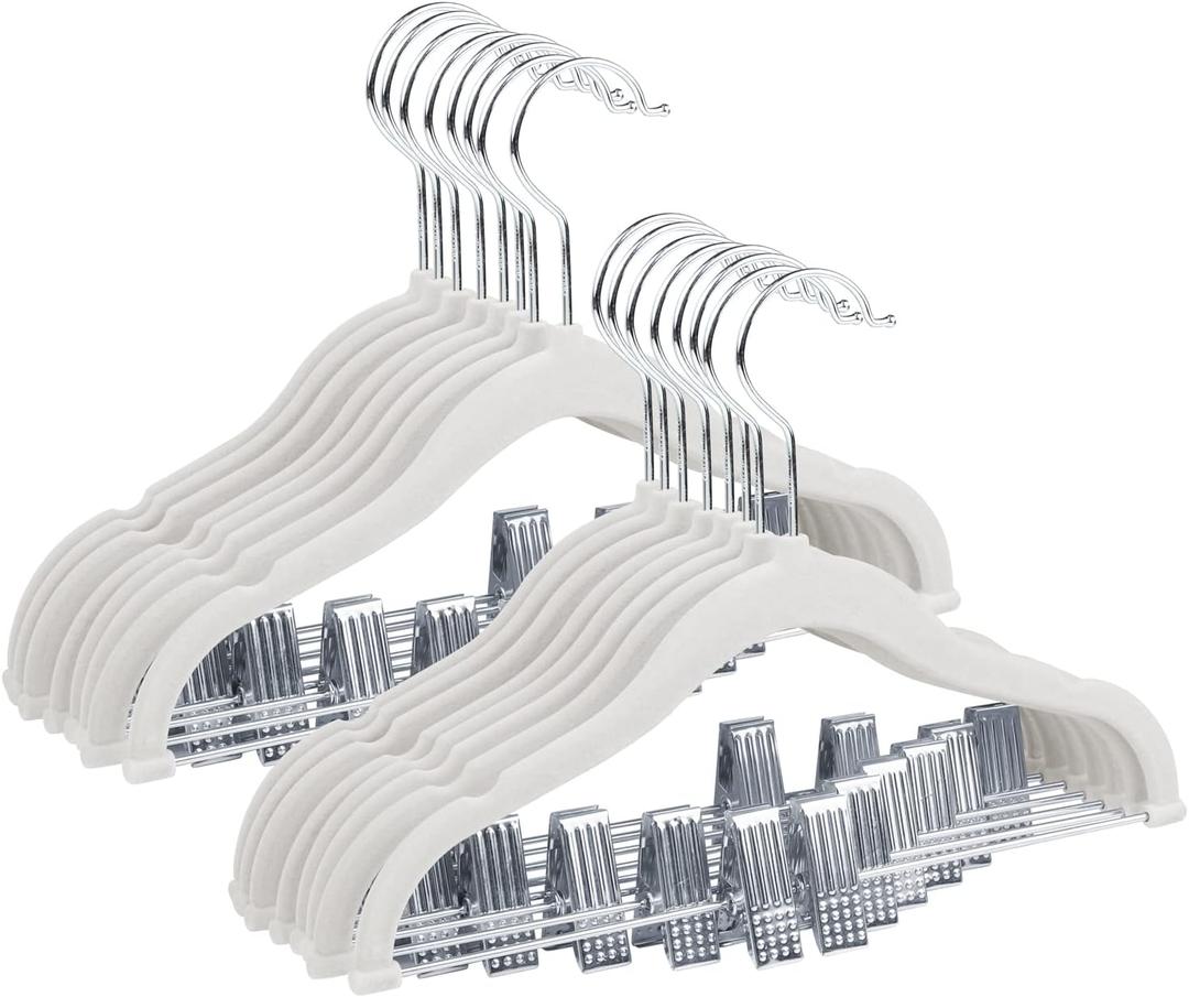 ManGotree 11.8'' Baby Velvet Hangers with Movable Clips, Non-Slip Kids Clothes Hangers, Ultra-Thin Space-Saving Children's Felt Hangers for Shirts, Pants, Dresses, Skirts, Jackets (16 Pack, White)