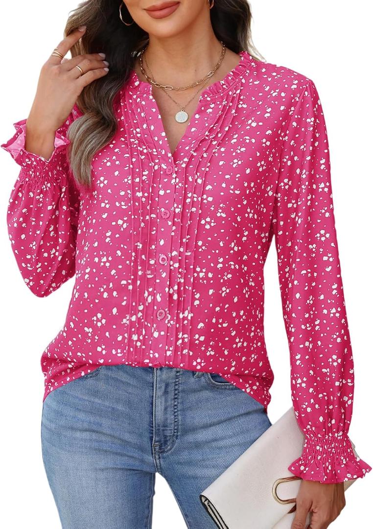 CiCiBird Womens Casual V Neck Blouses Button Down Shirts Long Sleeve Floral Print Business Work Tops (Pink, M)