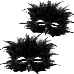 Simgoing 2 Pcs Couple Masquerade Masks Costume Feather Raven Crow Mask Mardi Gras Carnival Venetian Accessories for Women Men (Black, Crow)