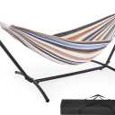 DUMOS Double Hammock with Space Saving Stand, Heavy Duty Steel Frame, Portable for Outside & Indoor Use, 450lbs Capacity, Easy Assembly, Carrying Bag Included, Beige (96IN)