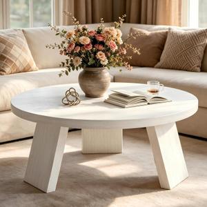 Garvee Round Coffee Table, Modern Center Table with Inclined Legs, Accent Cocktail Tables for Living Room, Bedroom, Easy Assembly, White, 33.5 Dia. x 15.75 H Inches
