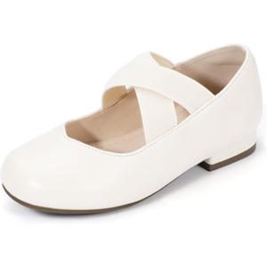 PANDANINJIA Girls Dress Shoes Ballet Flats Mary Jane Elastic Cross Strap Little Big Kid Low Heels Flower Girl Shoes (Ivory) (12 Little Kid)