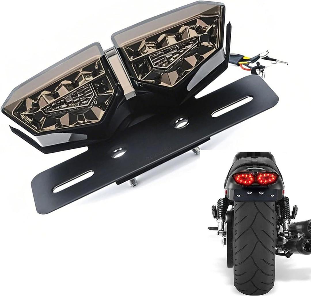 Motorcycle Tail Light, Motorcycle Integrated Brake Tail&Turn Signal Light with License Plate Bracket for Harley, Honda, Yamaha, Suzuki, Motorbikes, ATVsBlack