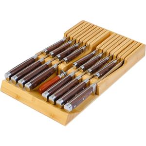 Bamboo Kitchen Drawer Knife Holder, In-drawer Knife Block, Knife Drawer Organizer fit for 16 knives and 1 steel sharpening