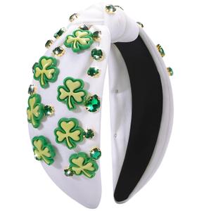 St. Patrick's Day Headband for Women, Lucky Shamrock Hair Accessory with Rhinestones, Green Crystal Knotted Hairband for Irish Holiday, Parade & Party (White)