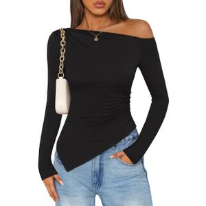 ZESICA Women's Off The Shoulder Tops 2026 Long Sleeve Y2K Asymmetrical Ruched Fitted Shirts Spring Trendy Going Out Top (Medium, Black)