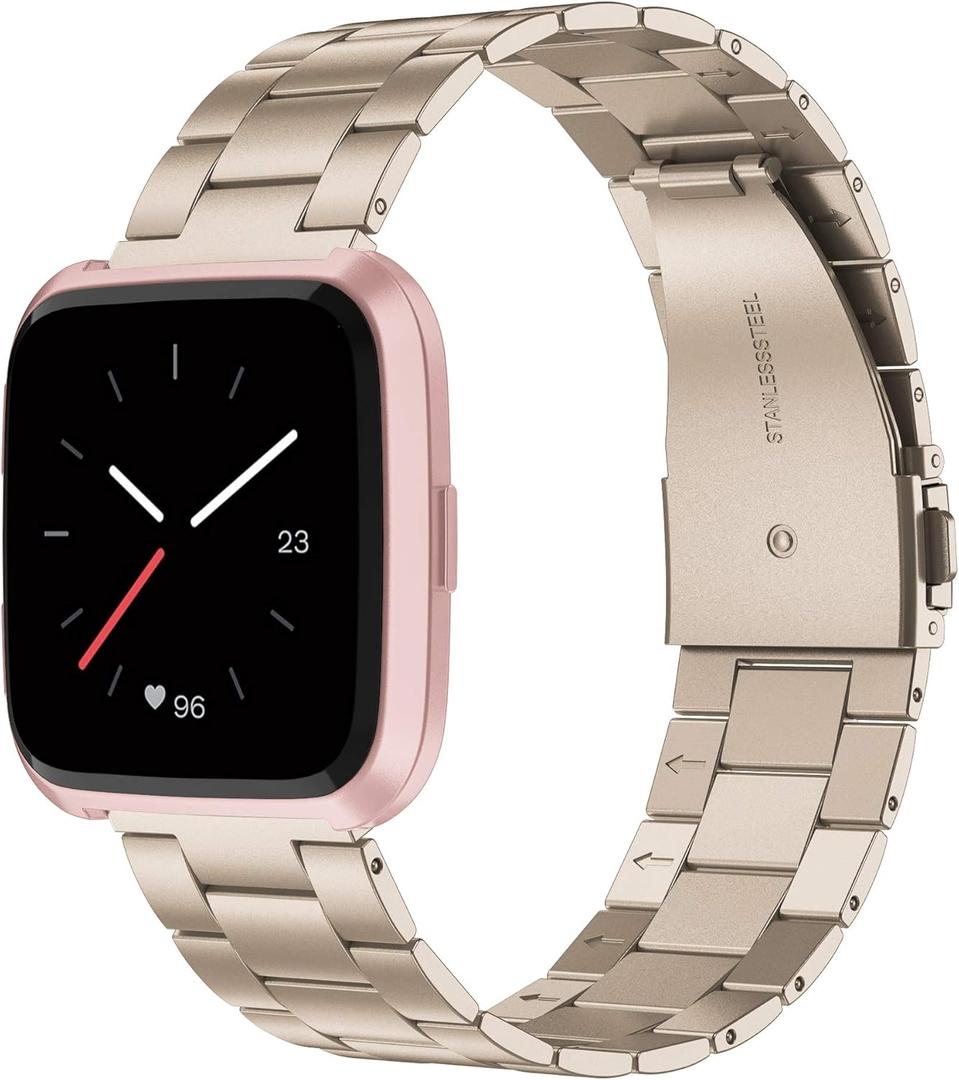 Wearlizer Stainless Steel Compatible for Fitbit Versa/Versa 2, Ultra-Thin Lightweight Replacement Bands for Women & Men (Scrub Gold)