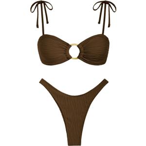 ZAFUL Women's Sexy Tie Spaghetti Strap Bikini Textured O Ring Ruched High Leg Swimsuit Cheeky Bathing Suits (Large, 1-deep Coffee)