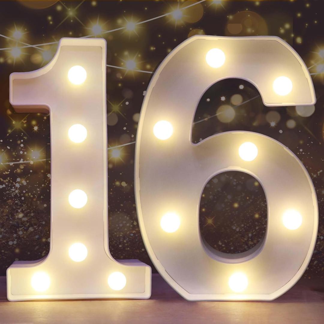 Pooqla Decorative Led Light Up Number Letters, White Plastic Marquee Number Lights Sign 16th Birthday Decorations for Girls Boys Party Wedding Decor Battery Operated Number (16)