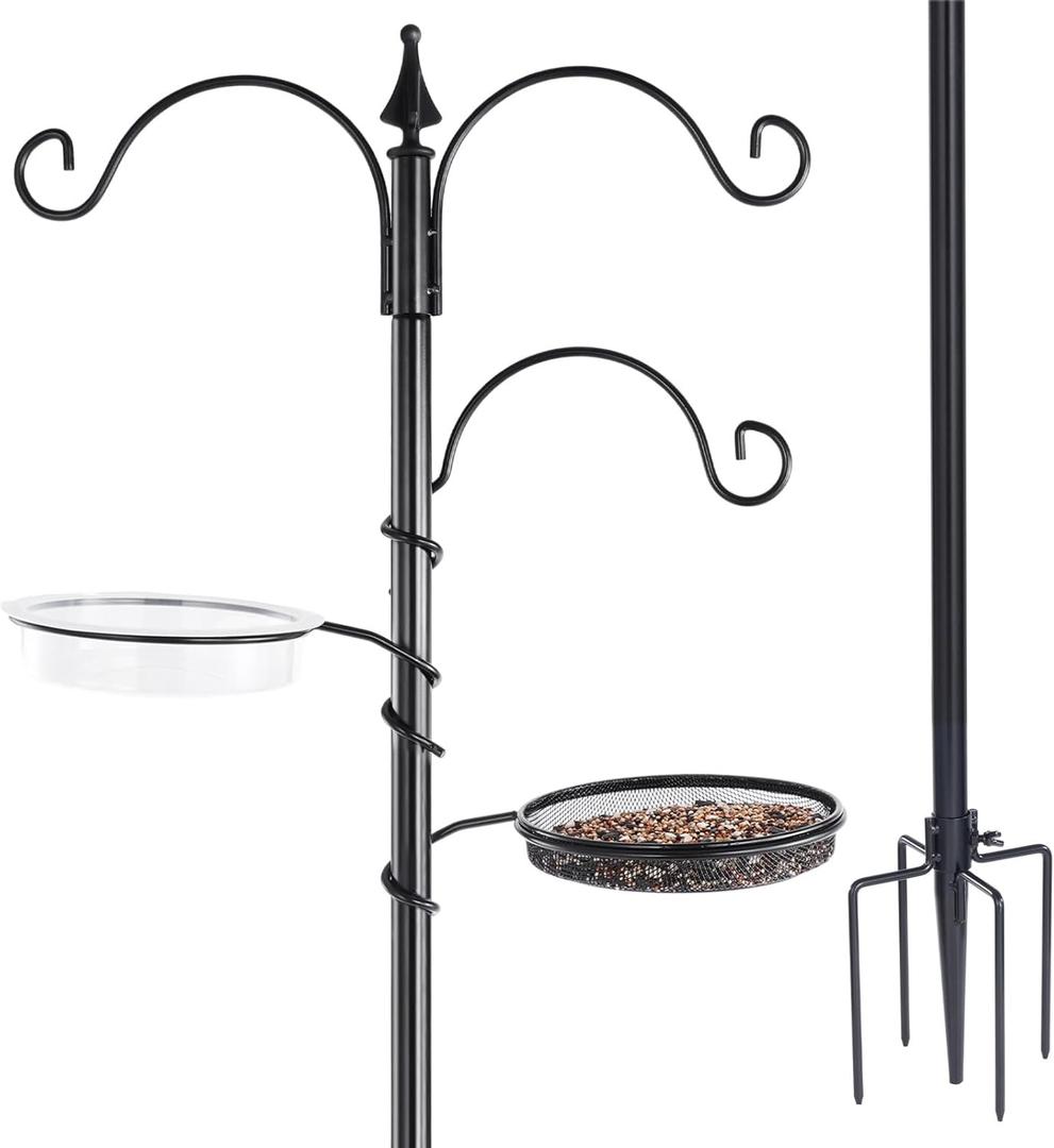 BACKYARD EXPRESSIONS PATIO  HOME  GARDEN Bird Feeding Station Kit - 77"" Bird Feeder Pole with 5 Prong Base, Wild Bird Feeder Stand for Outdoors Hanging Bird Feeders - Black, 914882