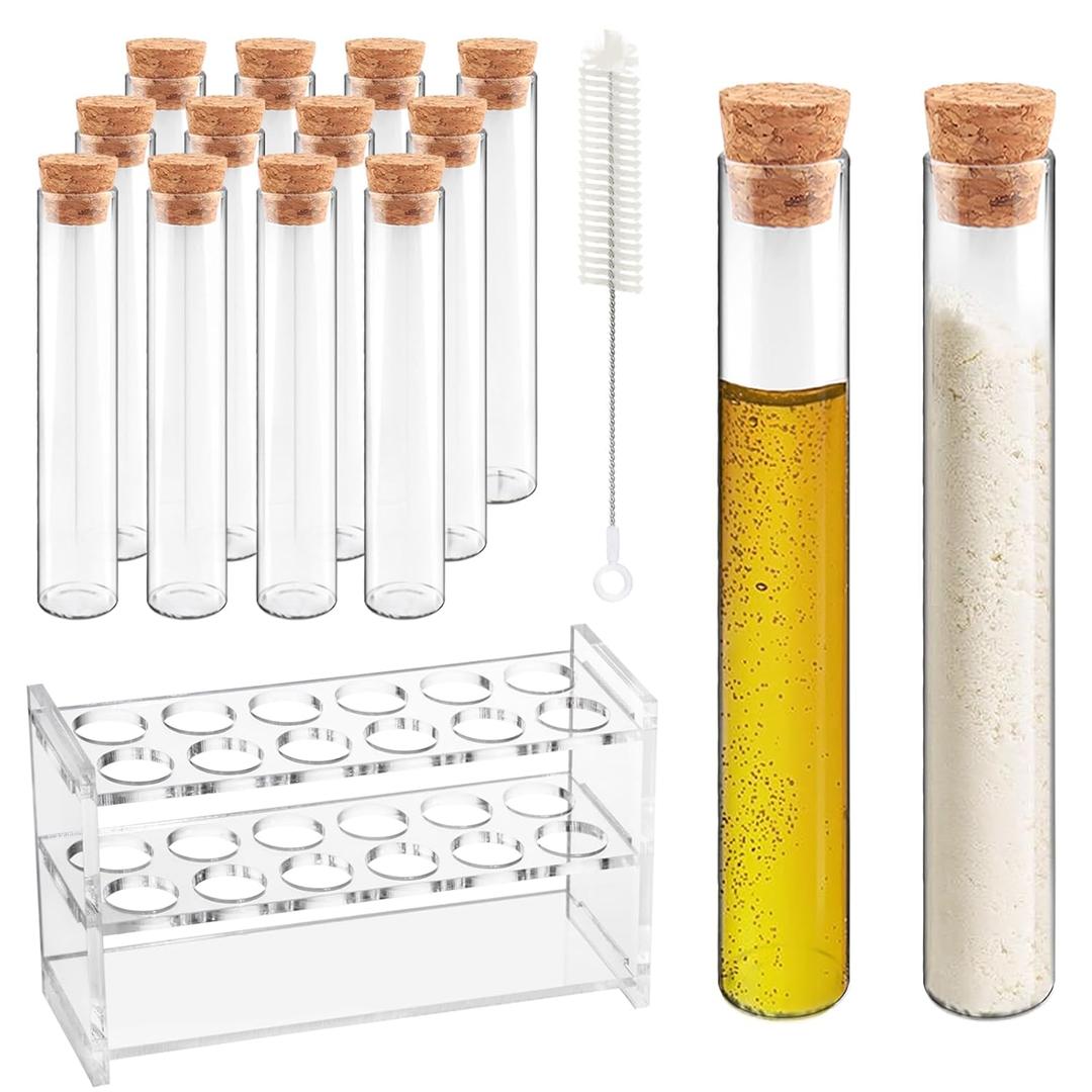 12pcs 60ml Glass Test Tube with Cork Stopper, 25x180mm Storage Tube with Cap, 12 Holes Acrylic Rack, Plant Propagation Vase, Tube Set for Scientific Experiments Lab Candy Liquid Party Decor