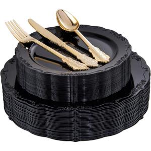 DaYammi 150Pcs Black Plastic Plates & Gold Plastic Silverware, Black Disposable Plates Set Include 30 Dinner Plate, 30 Dessert Plate, 30 Golden Knives, 30 Gold Forks, 30 Golden Spoons for New Year Party