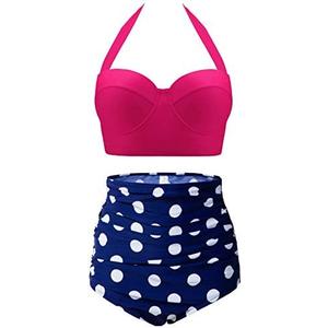CHERRY CAT Womens Vintage Retro Polka High Waisted Underwire Bikini Two Piece Swimsuits Size Extra Large, Rose Red
