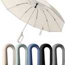 Travel Compact Inverted Umbrella with Ring Buckle, Portable Large Strong Windproof Reverse Reflective Umbrellas for Rain & Sun, Automatic Open and Close Umbrella for Women Men (Beige)