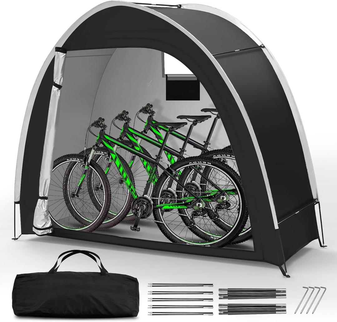 Bike Storage Tent for Outdoor, 2-3 Bike Capacity with Extra Top Space, PU5000 Waterproof 210D Oxford Fabric with Taped Seams, Portable Floor Storage Shed for Bicycle, Motorcycle & Garden Tools, etc