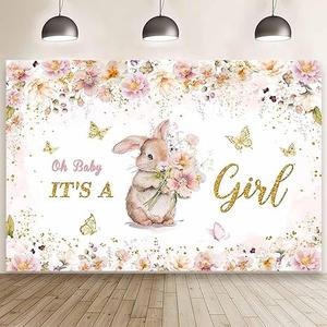 MEHOFOND 7x5ft Bunny Girl Baby Shower Backdrop Oh Baby It's A Girl Pink and Gold Baby Shower Decoration Cute Bunny Photography Background Floral Butterfly Watercolor Photo Studio Props
