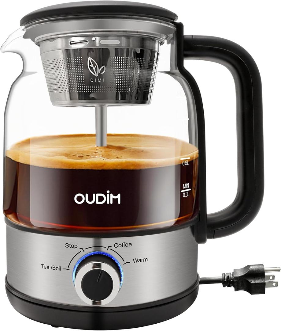 Oudim Drip Coffee Maker by Spraying Method, 1.2L Capacity, 600W Power, BPA-Free, Glass Stainless Steel Tea and Coffee Brew Kettle, Electric Kettle with Keep Warm
