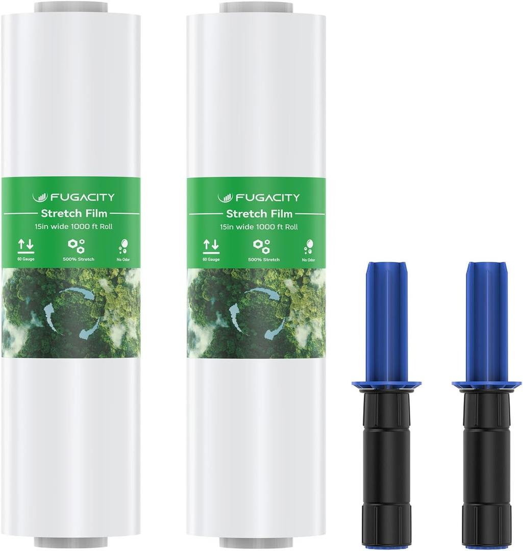 Stretch Wrap Film-2 Pack 15 inch Wide 1000ft Heavy Duty Shrink Wrap,60 Gauge 500% Stretch Industrial Strength for Pallet Wrap, Furniture Wrapping Moving & Protection,2 Roll with Handles