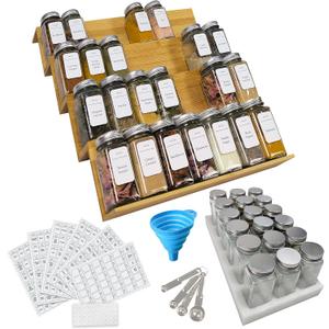 Spice Drawer Organizer with Jars and Labels, Bamboo Spice Rack For Drawer, Spice Organization For Cabinet Drawer, Spice Organizer For Drawer, Bamboo Drawer Organizer, Spice Organization For Drawer