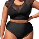 CUPSHE Women Swimsuit Plus Size Bikini Set Three Piece High Waisted Sheer Mesh Top Halter Ruched Bottom (Black)