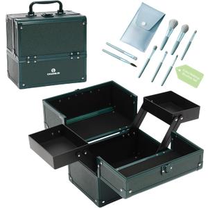 Makeup Train Case 2 Trays Makeup Box Organizer Portable Travel Makeup Case Lockable Makeup Storage Organizer Cosmetic Box for Jewelry Nail Tech Brushes Accessories Tool,Green Pro