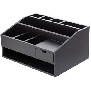 Wooden Office Supply Organizer - File Organizer with Pen Holder Rack & Drawer - Upright Compartments & Shelf Storage for Desk Clutter Management (Black, 37*27*19cm)