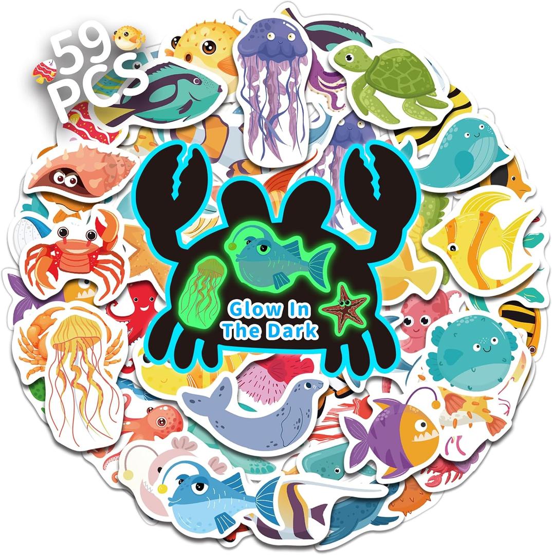 55 Pcs Colorful Fishs Sea Animals Stickers Glow in The Dark, Vinyl Sea Animals Water Bottle Sticker Pack for Teens, Waterproof Skateboard Laptop Decals for Adults Students Kids Girls Boys (Luminescent-056ksxx)