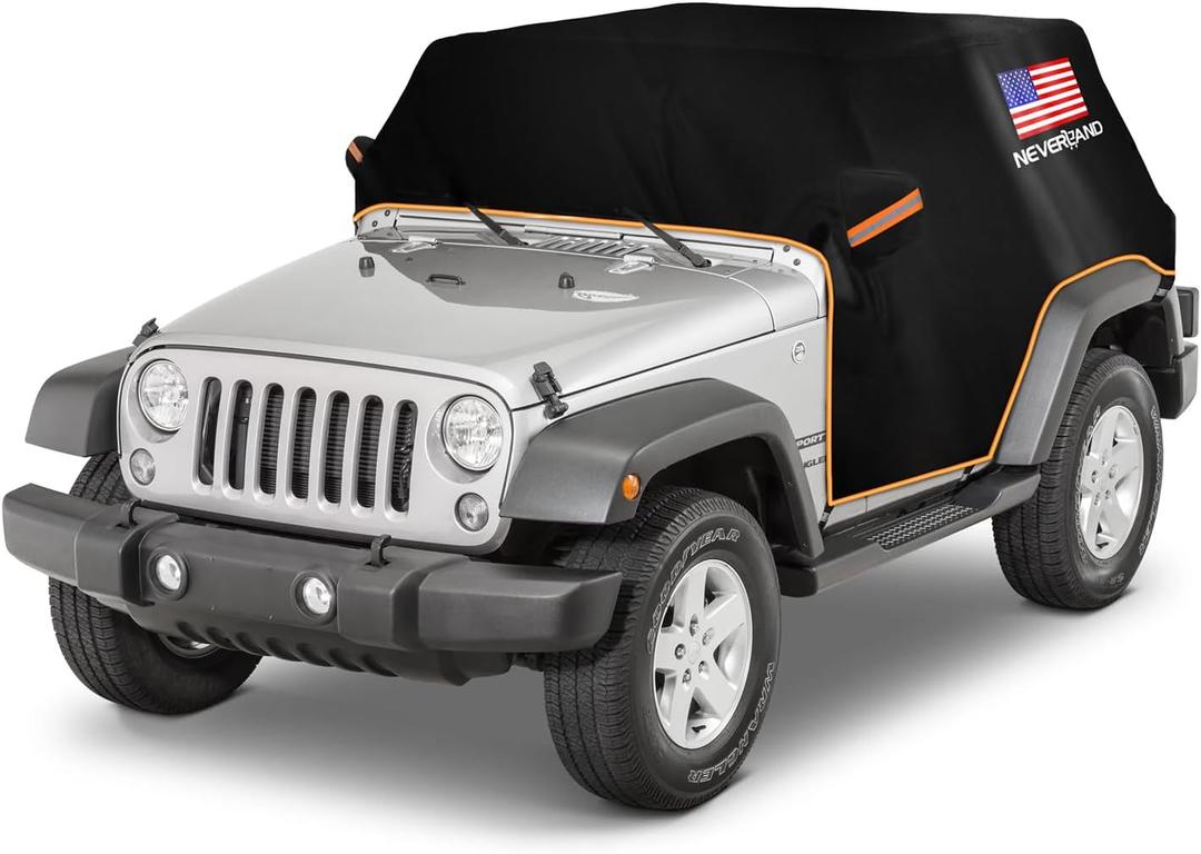 Wrangler Cab Cover for 2007-2025 Jeep Wrangler JK JL 2 Door, NEVERLAND Half Car Cover Waterproof Oxford with Reflective Strip, Sun Snowproof Cab Car Cover Black