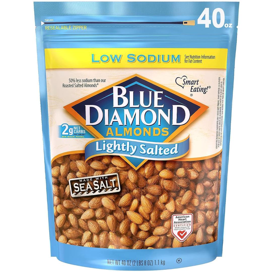 Blue Diamond Almonds Low Sodium Lightly Salted Snack Nuts, 40 Oz Resealable Bag (Pack of 1) (EXP 02/03/27)