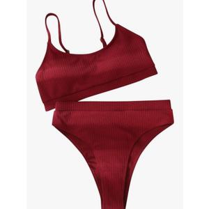 Bikini Swimwear Splicing Women Sexy Strap Solid Swimsuit Two-Piece Bathing Two Piece Shorts Swimsuits for Women (Red, M)