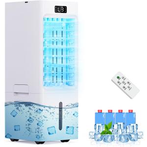 Windowless Portable Air Conditioners, 6L Swamp Cooler, 3-IN-1 Evaporative Air Cooler with 4 Ice Packs, 4 Modes & 3 Speeds, Auto Oscillating, 12H Timer, Remote, Quiet Cooling Fan for Home