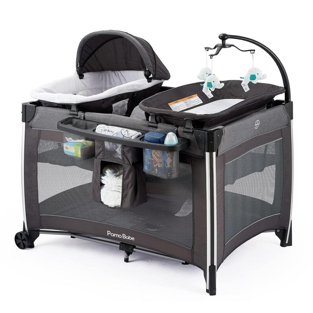 Pamo Babe 4 in 1 Baby Playards with Bassinet & Changing Table, Portable Crib Breathable Mesh and Toy Mobile, Gray