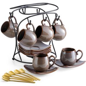 LYEOBOH 3oz Coffee Espresso Cups with Saucers Set of 6, Ceramic Small Coffee Cups with Holder and Spoons, Cute Demitasse Cups for Espresso, Latte, Mocha, Housewarming Gift - Farmhouse, Brown