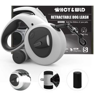 HCY&WLD Upgrade 4in1 Retractable Dog Leash with LED Light & Dispenser & Poop Bags, 16 ft Heavy Duty Dog Leash with AntiSlip Handle for Dogs up to 44 lbs, 360° TangleFree, One Button Brake & Lock