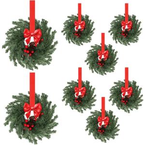 8Pcs Cabinet Wreaths for Kitchen 7.9 Inch Christmas Wreath With Red Ribbon And Cedar Red Berries,Mini Christmas Wreaths For Cabinets Windows Chairs Decor Christmas Candle Rings For Table Decor