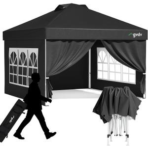 GVDV 10x10 Pop Up Canopy Tent with 4 Sidewalls, Beach Tent with One Push Setup, Outdoor Sun Shade for Events, Parties, Camping - Gazebo with Wheelbag, Black, CP23 B