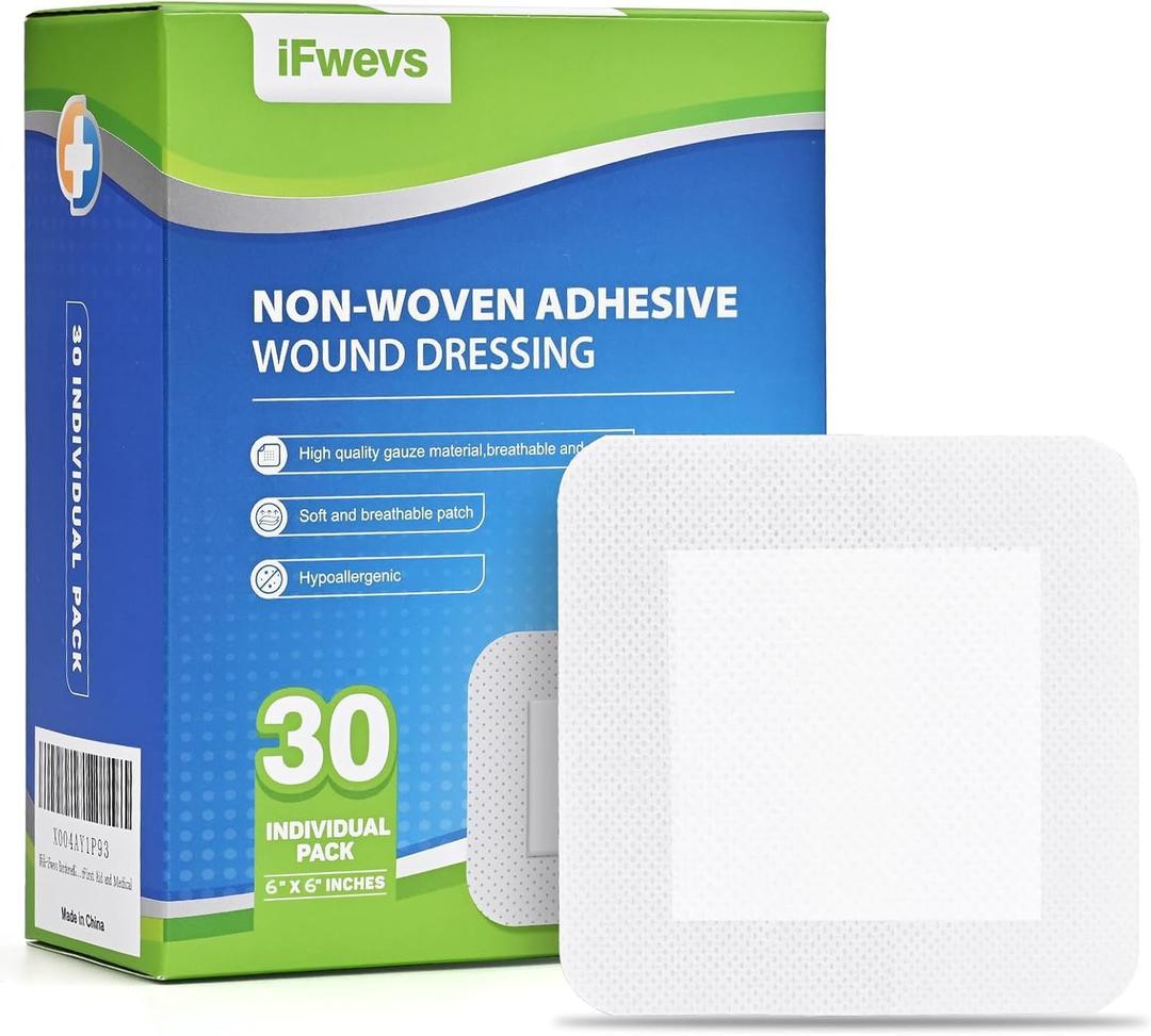 30 Count Bordered Gauze Island Dressing - 6" x 6" Sterile Individually Wrapped Gauze Pads Highly Absorbent, Non-Woven Backing -Breathable Wound Dressing for First Aid(4x4 Non-Stick Pad in Center)